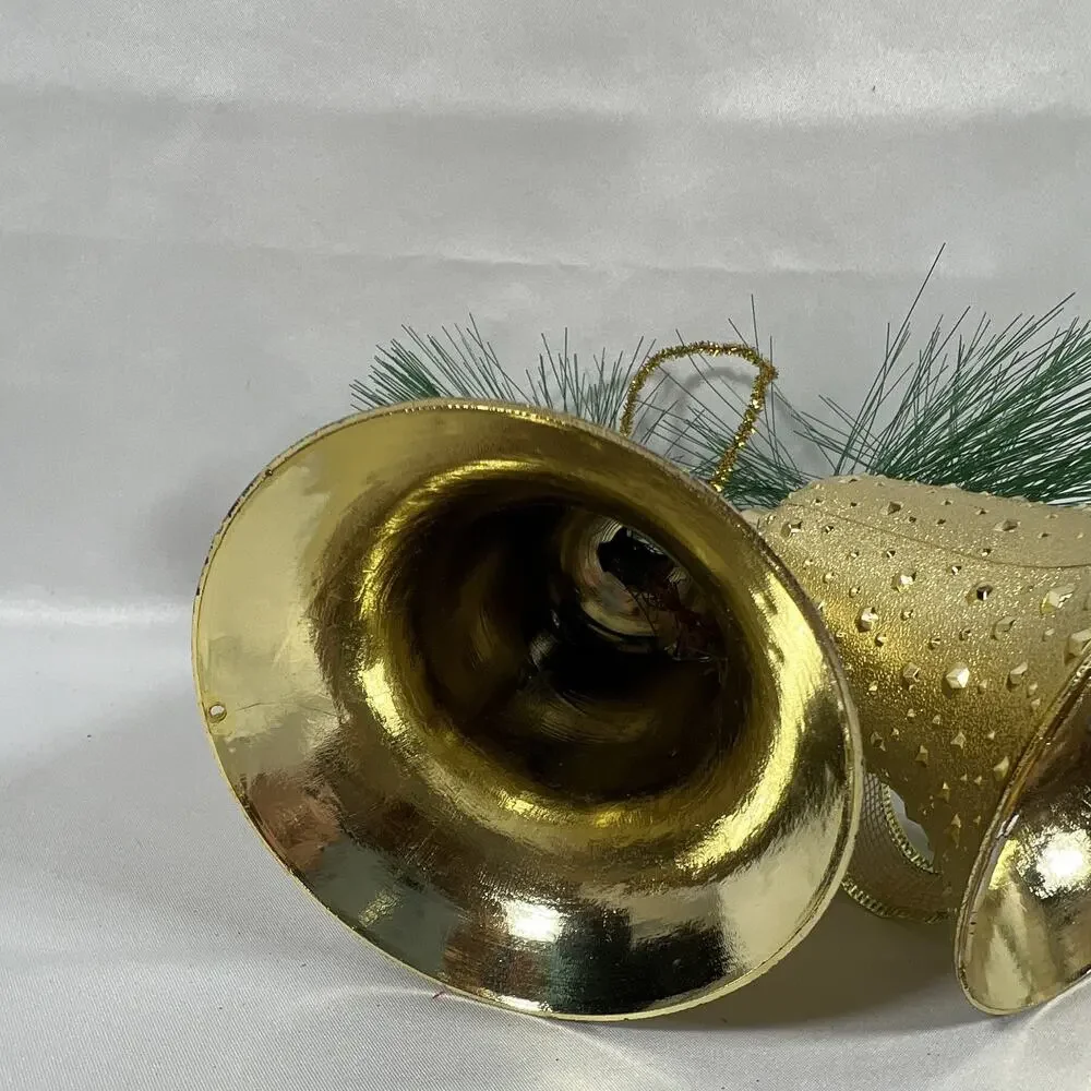 Vintage Gold Double Bumpy Bell Christmas Hanging Bow Pine Needles Greenery